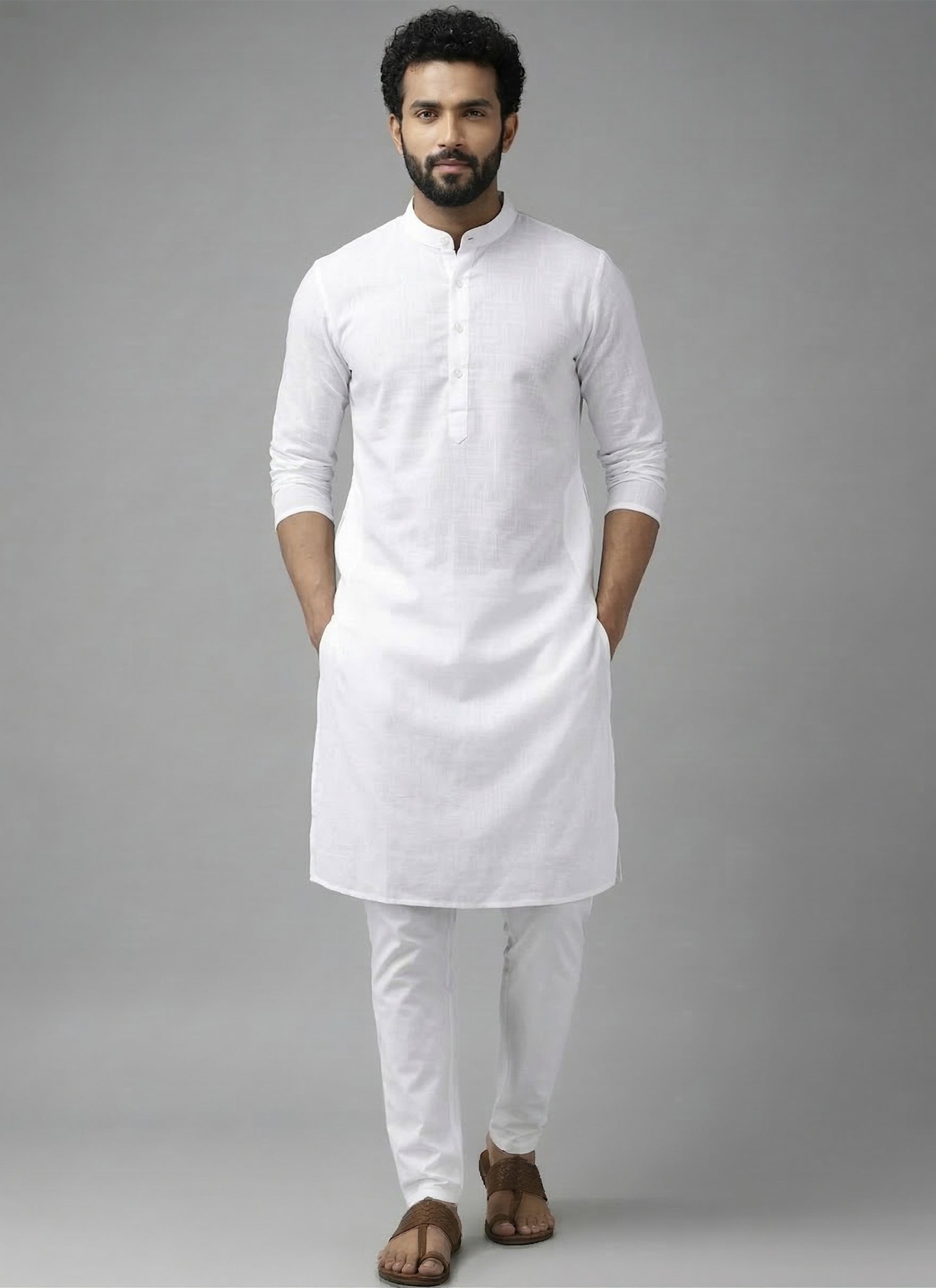 RAY LIGHT Men's Classic Solid Cotton Long Kurta – Dark Green with Dual Side Pockets