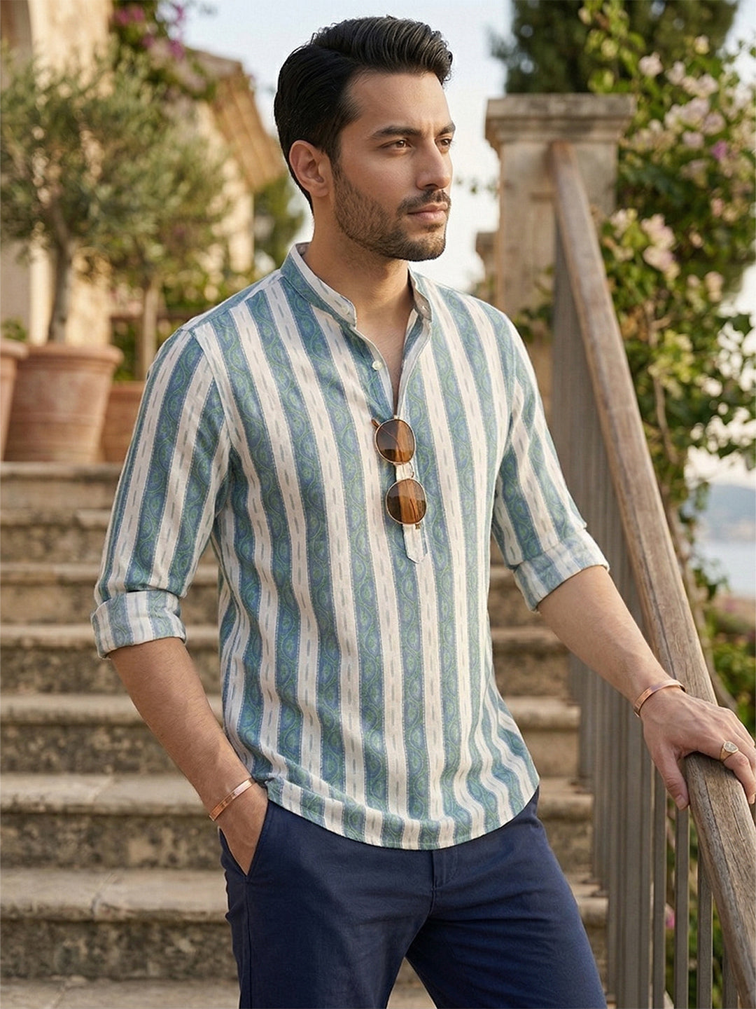 RAY LIGHT Men's Resort Patterned Stripe Cotton Short Kurta – White with Blue & Green Accents Main image