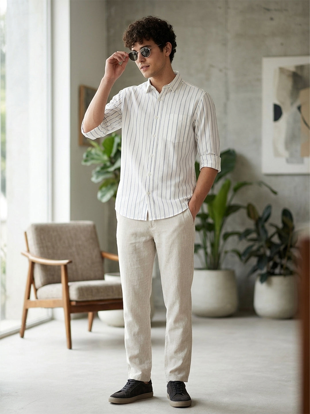 RAY LIGHT Men's Classic Vertical Stripe Cotton Shirt – Crisp White & Blue