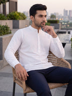 RAY LIGHT Men's Textured Dobby Cotton Short Kurta – Pure White