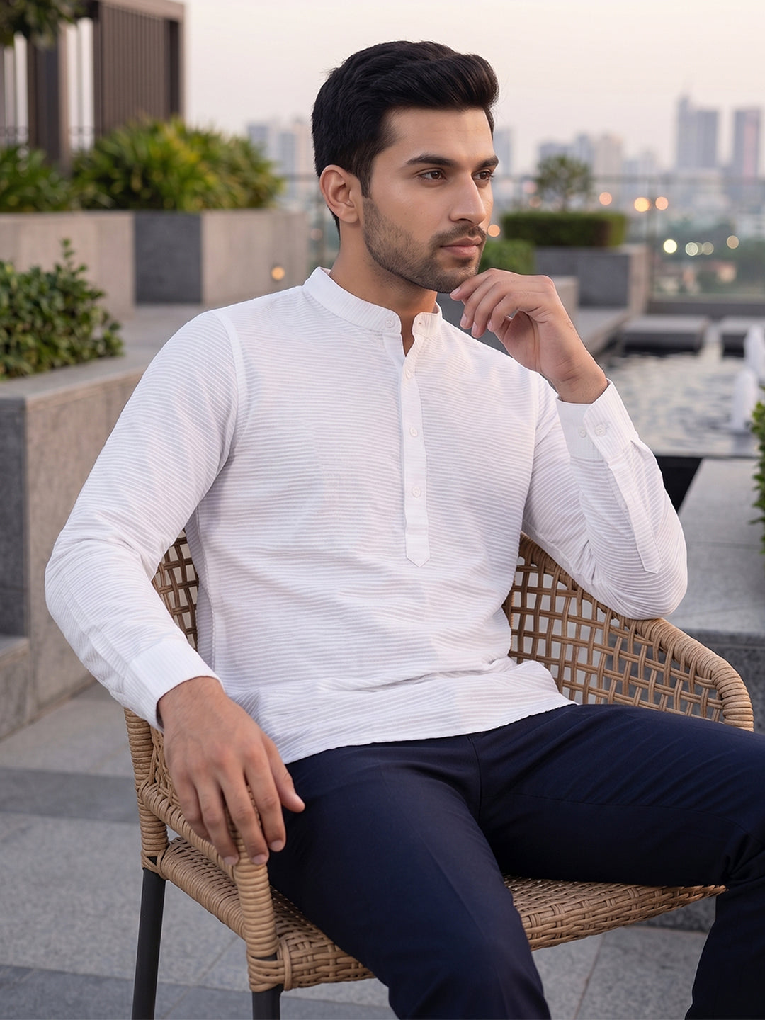 RAY LIGHT Men's Textured Dobby Cotton Short Kurta – Pure White