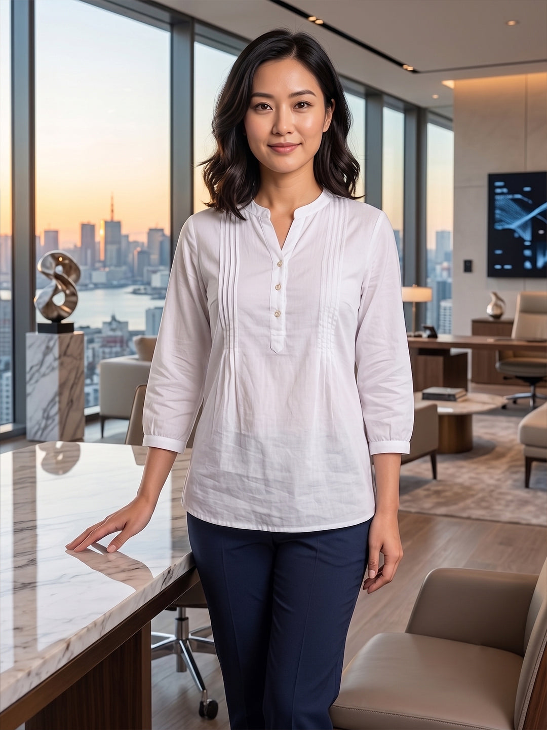 Ray Light Women’s White Viscose Top | Elegant Mandarin Neck 3/4 Sleeve Casual & Office Wear Top Secondary image