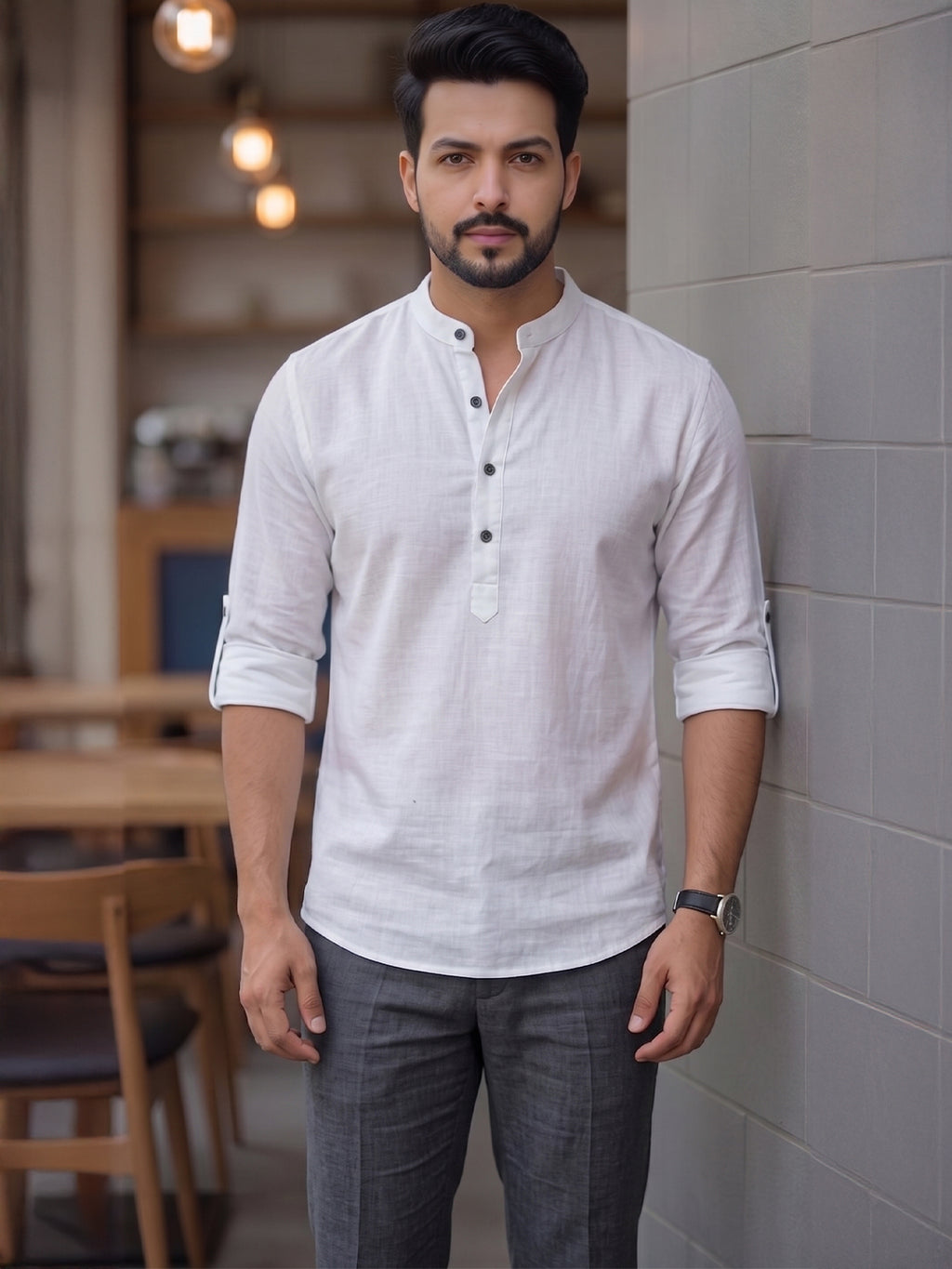 RAY LIGHT Men's Contemporary 100% Cotton Solid Short Kurta – Mandarin Collar with Roll-Up Sleeves