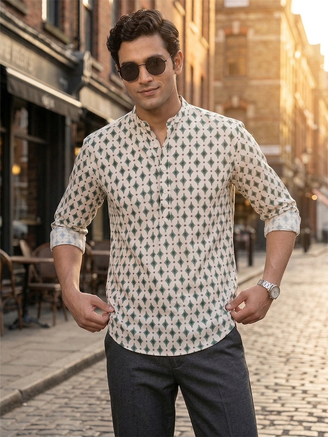 RAY LIGHT Men's Geometric Diamond Print Cotton Short Kurta – Off-White & Forest Green Main image