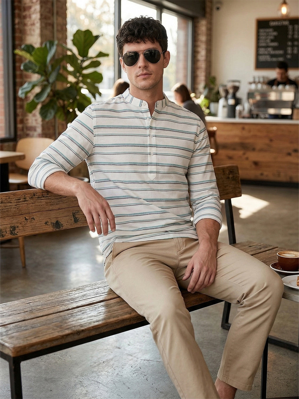 RAY LIGHT Men's Coastal Stripe Cotton Short Kurta – White with Teal & Beige Accents