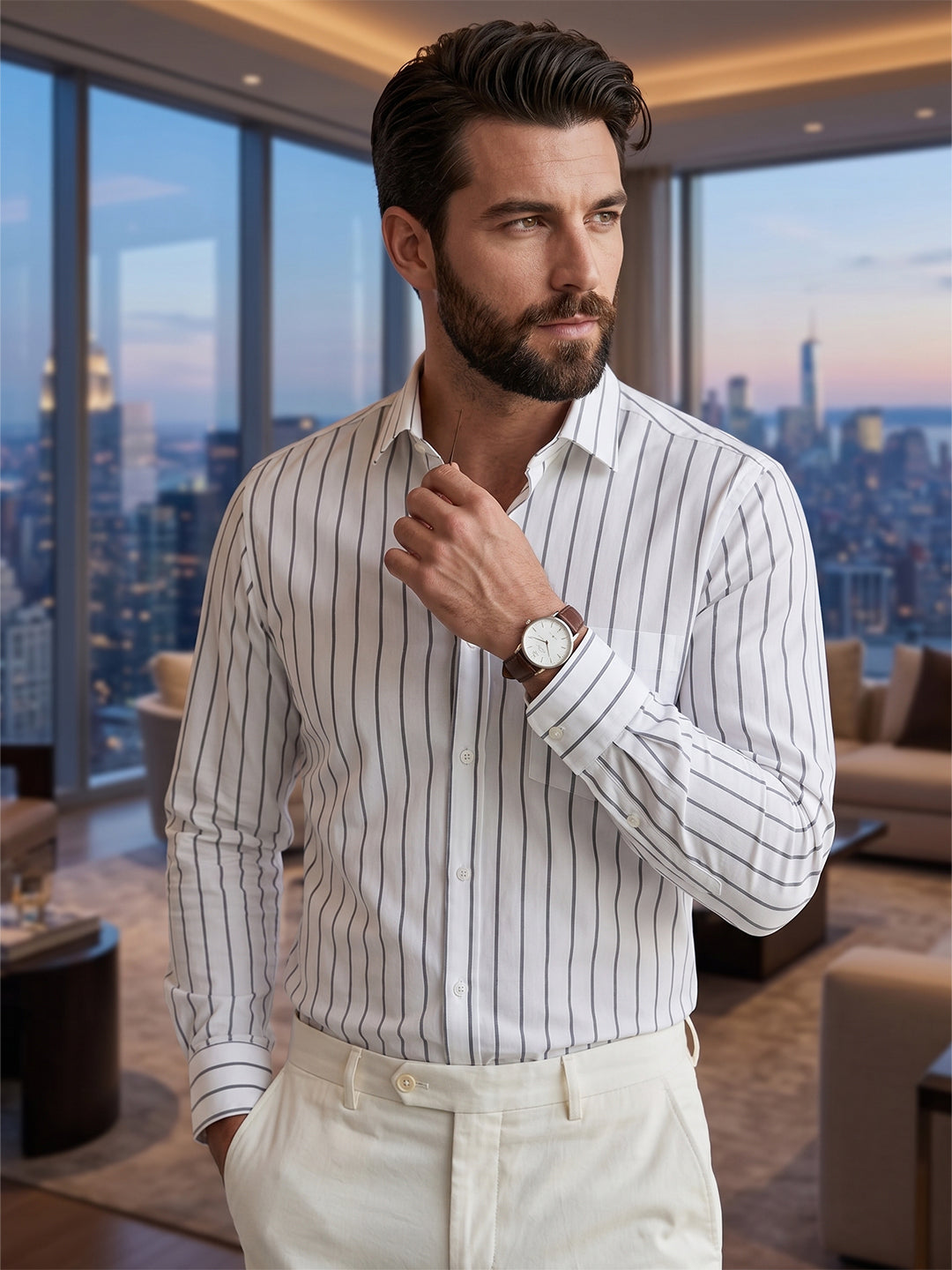 RAY LIGHT Men's Classic Vertical Stripe Cotton Shirt – Crisp White & Charcoal