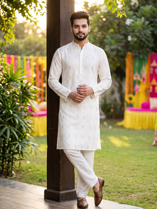RAY LIGHT Men's Premium Festive Cotton Long Kurta – Ivory Cream with Geometric Motif