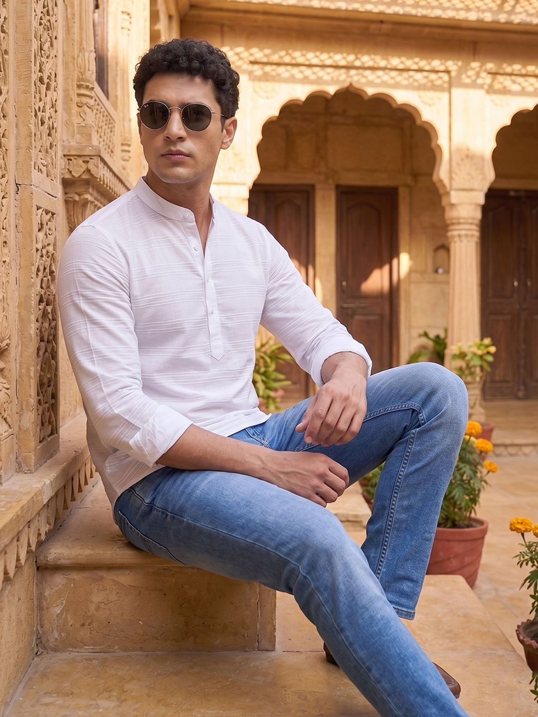 RAY LIGHT Men's Textured Dobby Cotton Short Kurta – Crisp White Horizontal Stripe Main image