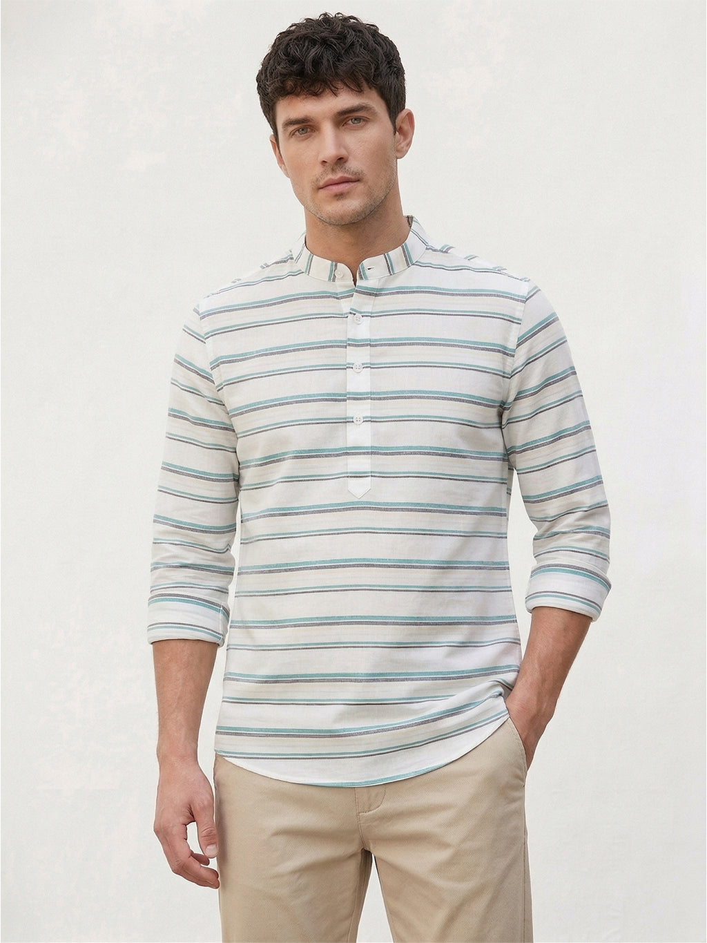 RAY LIGHT Men's Coastal Stripe Cotton Short Kurta – White with Teal & Beige Accents