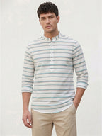 RAY LIGHT Men's Coastal Stripe Cotton Short Kurta – White with Teal & Beige Accents