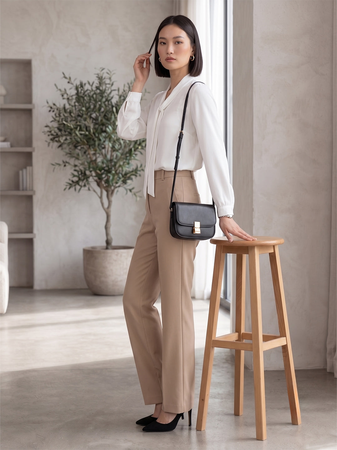 Ray Light Women’s White Crepe Blouse | Elegant Bow-Tie Neck Full Sleeve Formal & Casual Top Secondary image