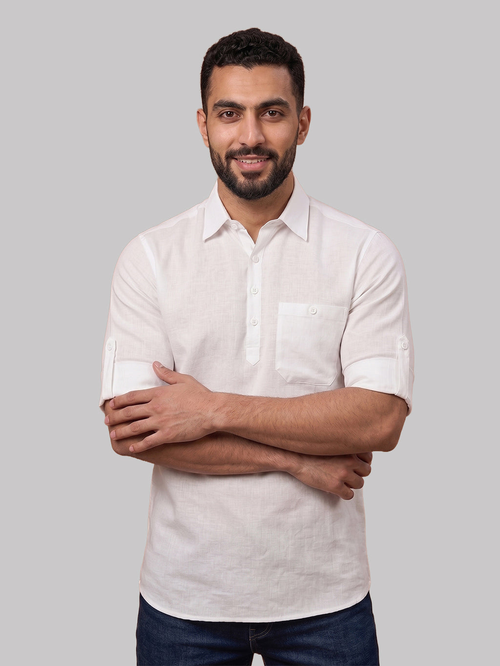 RAY LIGHT Men's Essential Solid Cotton Short Kurta – Sky Blue with Roll-Up Sleeves