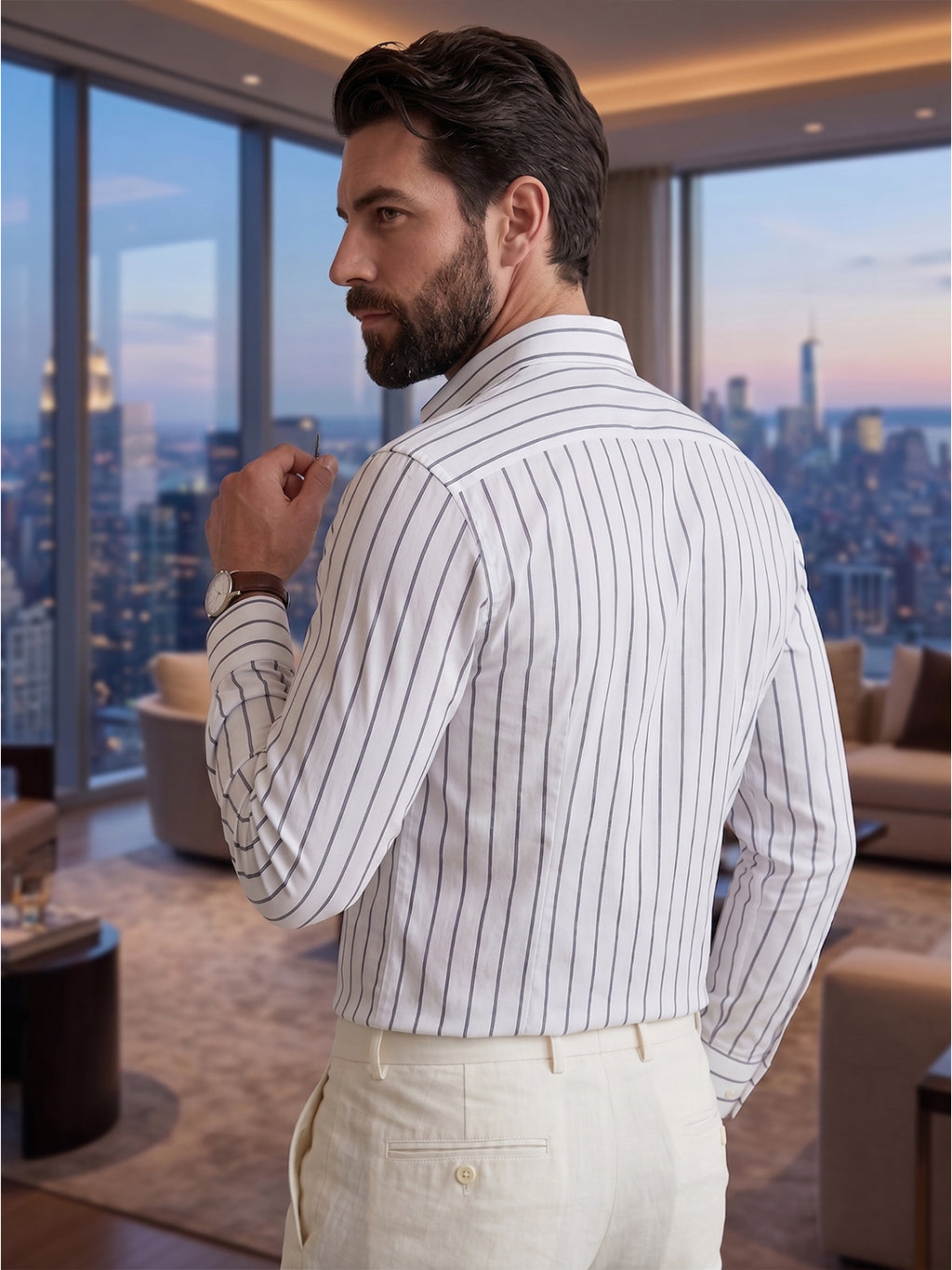 RAY LIGHT Men's Classic Vertical Stripe Cotton Shirt – Crisp White & Charcoal