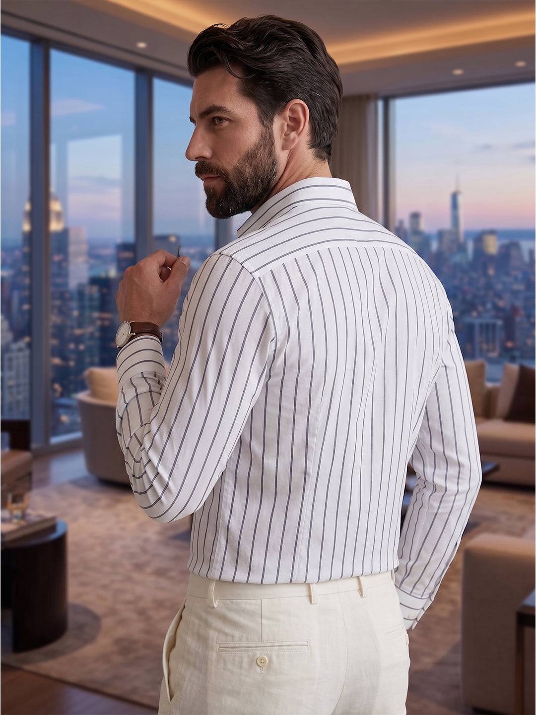 RAY LIGHT Men's Classic Vertical Stripe Cotton Shirt – Crisp White & Charcoal