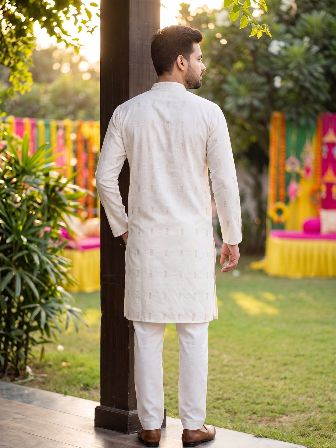 RAY LIGHT Men's Premium Festive Cotton Long Kurta – Ivory Cream with Geometric Motif