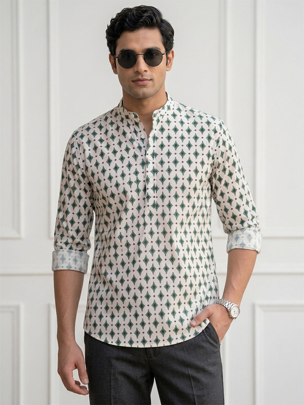 RAY LIGHT Men's Geometric Diamond Print Cotton Short Kurta – Off-White & Forest Green