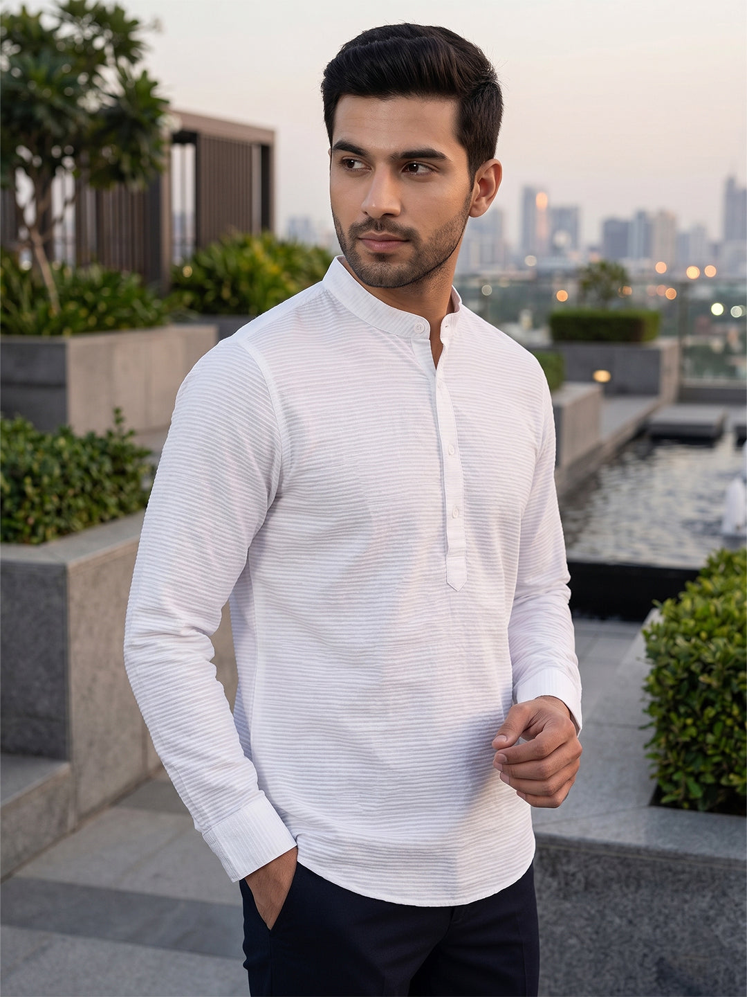 RAY LIGHT Men's Textured Dobby Cotton Short Kurta – Pure White Secondary image