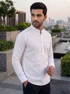 RAY LIGHT Men's Textured Dobby Cotton Short Kurta – Pure White