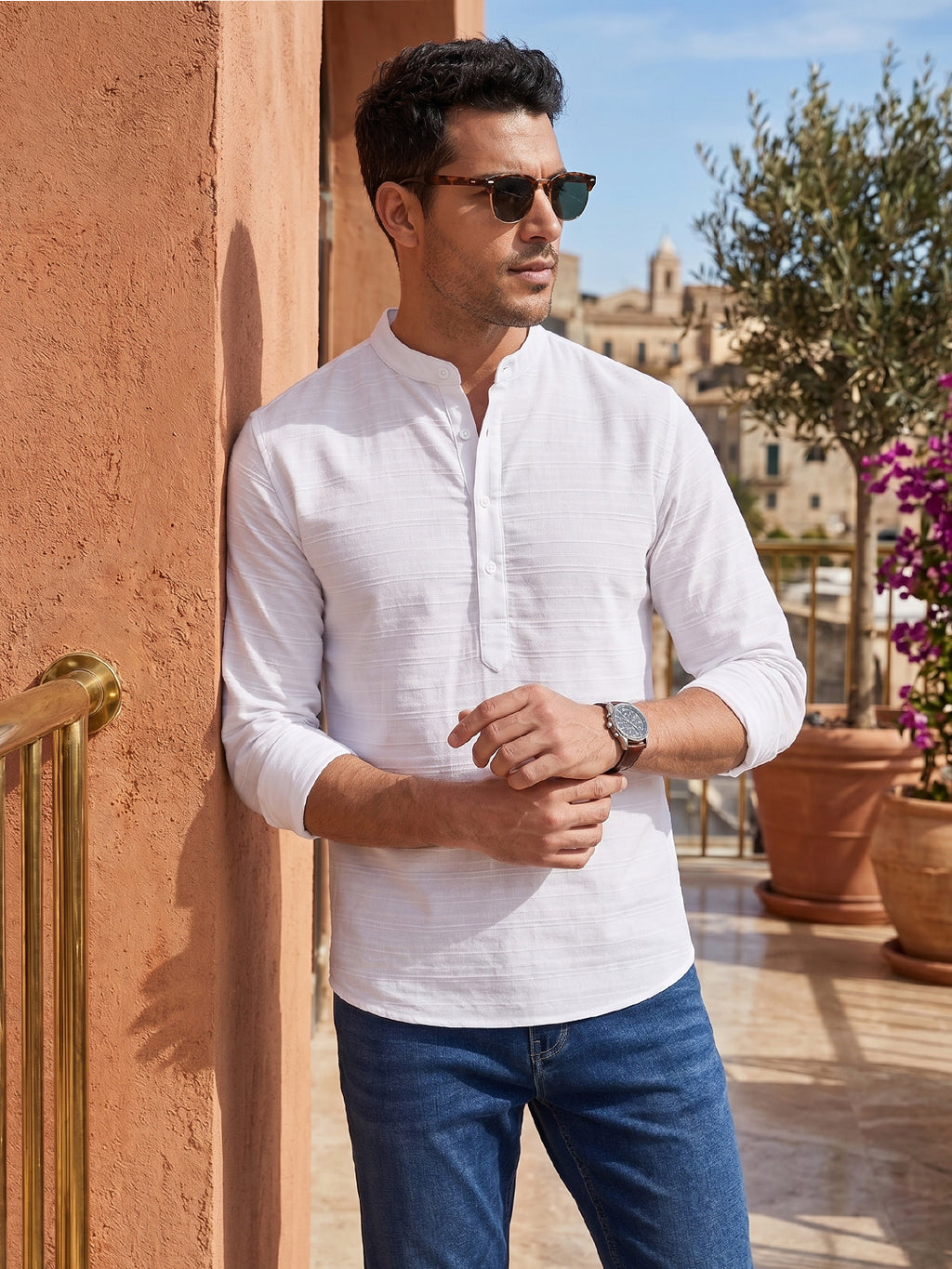 RAY LIGHT Men's Textured Dobby Cotton Short Kurta – White Horizontal Stripe