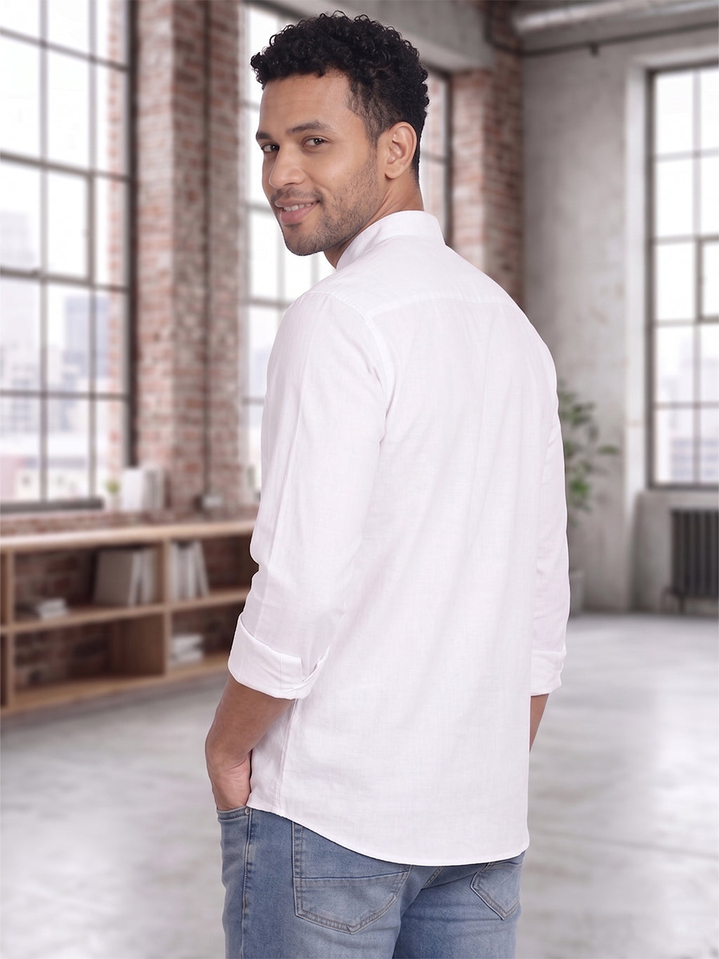RAY LIGHT Men's Minimalist Solid Cotton Blend Shirt – Light Beige with Hidden Placket
