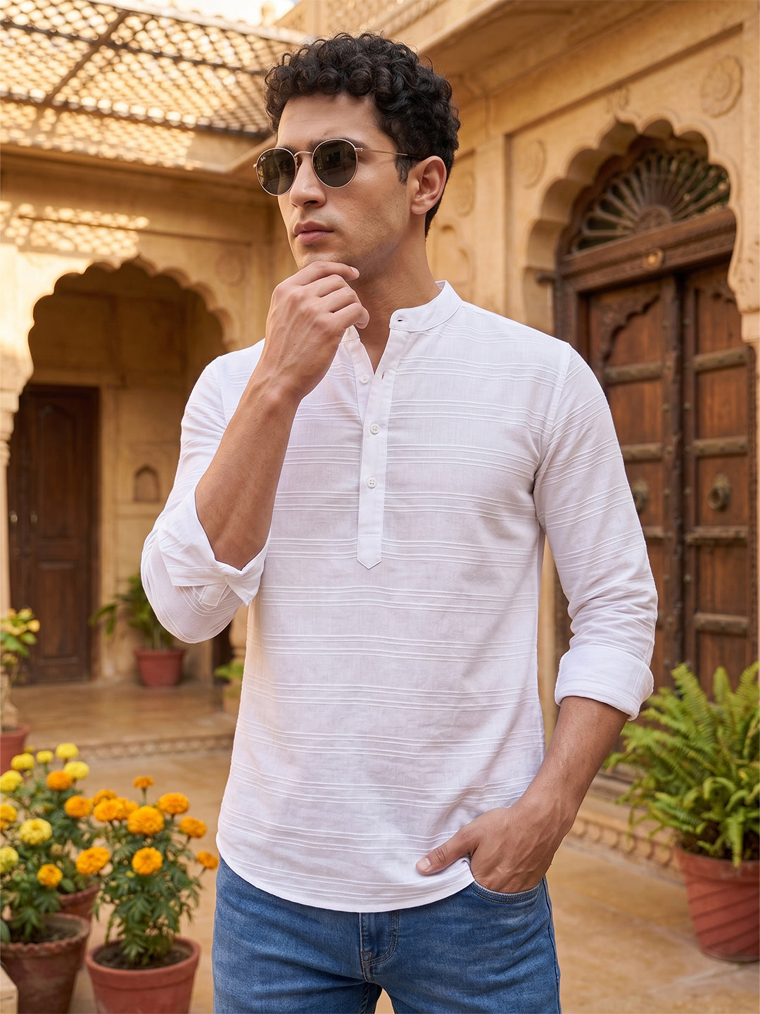 RAY LIGHT Men's Textured Dobby Cotton Short Kurta – Crisp White Horizontal Stripe Secondary image