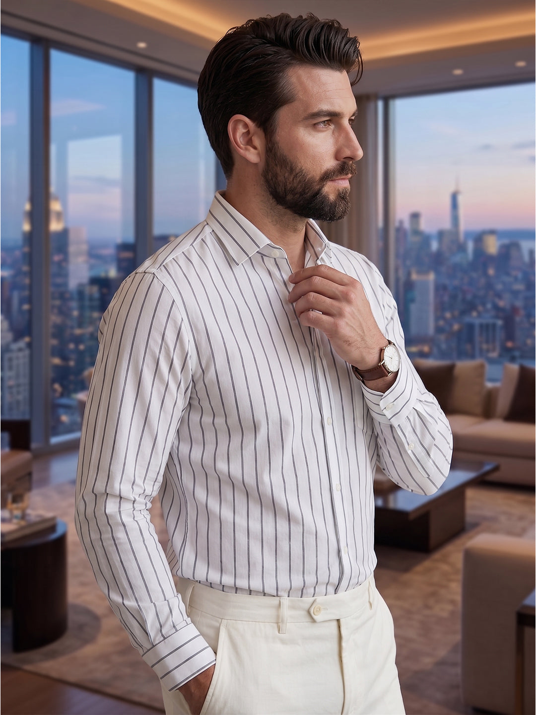 RAY LIGHT Men's Classic Vertical Stripe Cotton Shirt – Crisp White & Charcoal