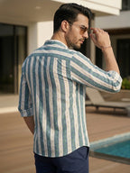 RAY LIGHT Men's Resort Patterned Stripe Cotton Short Kurta – White with Blue & Green Accents