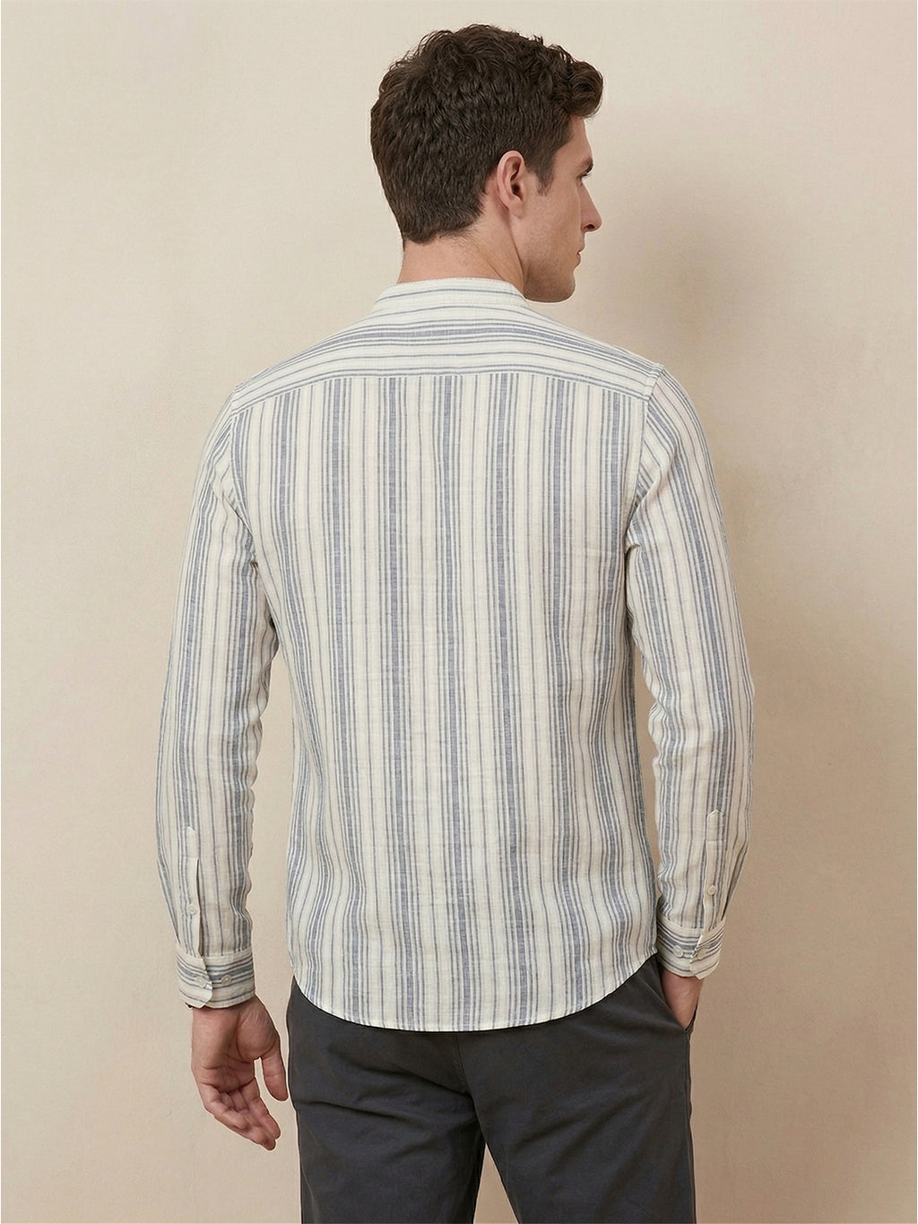RAY LIGHT Men's Classic Vertical Stripe Cotton Short Kurta – White & Blue
