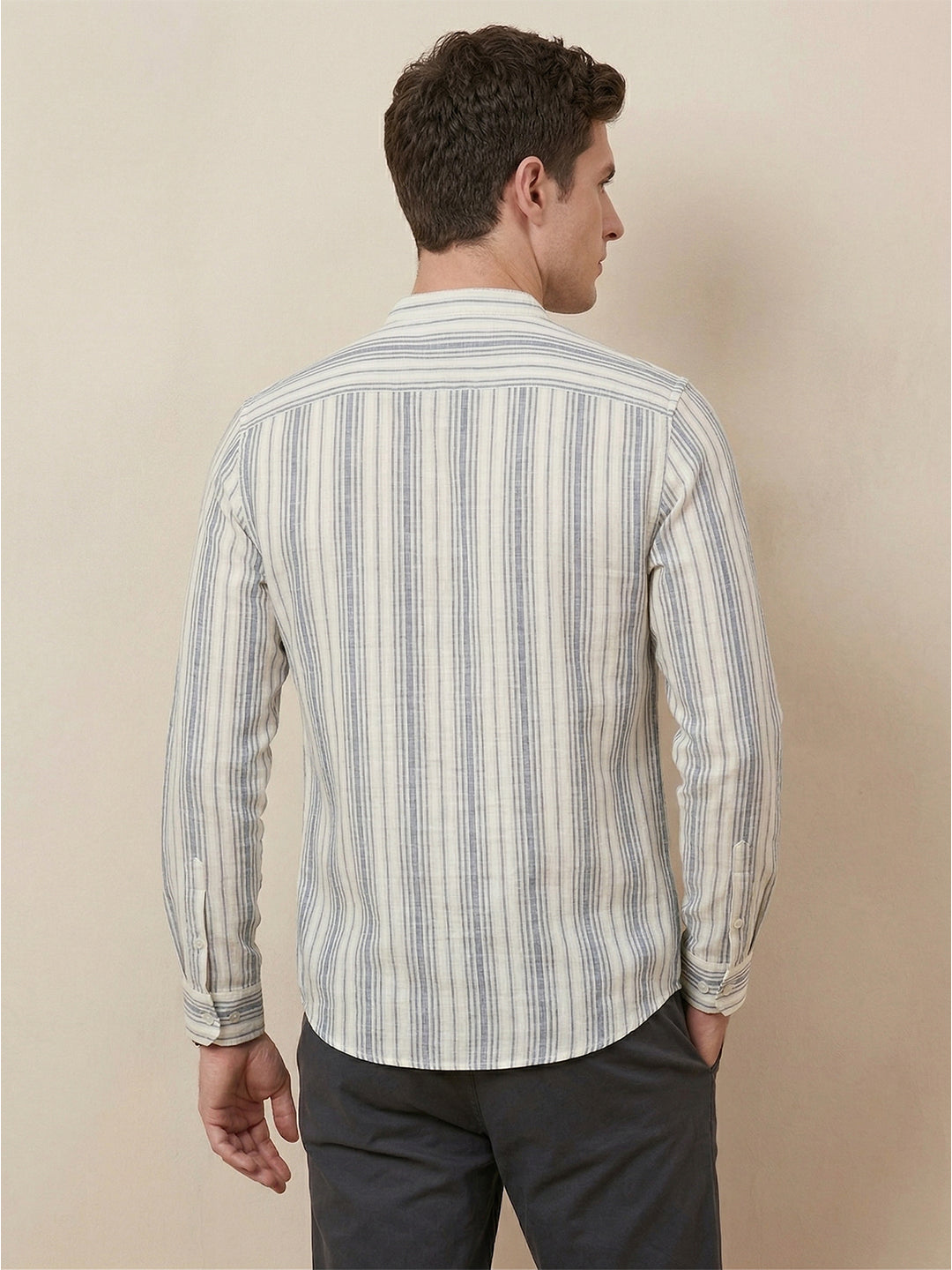RAY LIGHT Men's Classic Vertical Stripe Cotton Short Kurta – White & Blue