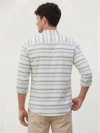 RAY LIGHT Men's Coastal Stripe Cotton Short Kurta – White with Teal & Beige Accents