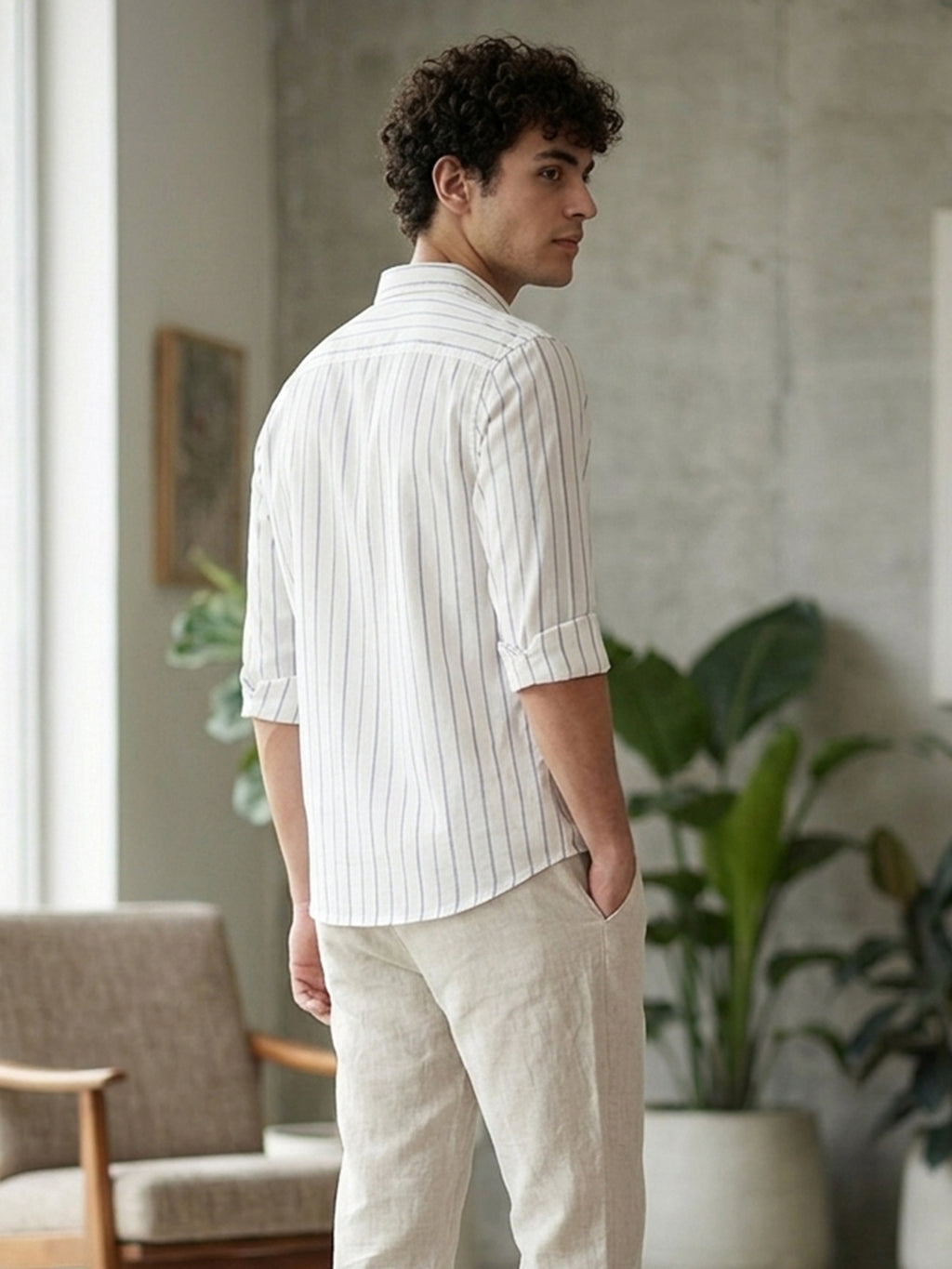 RAY LIGHT Men's Classic Vertical Stripe Cotton Shirt – Crisp White & Blue