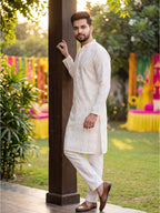 RAY LIGHT Men's Premium Festive Cotton Long Kurta – Ivory Cream with Geometric Motif