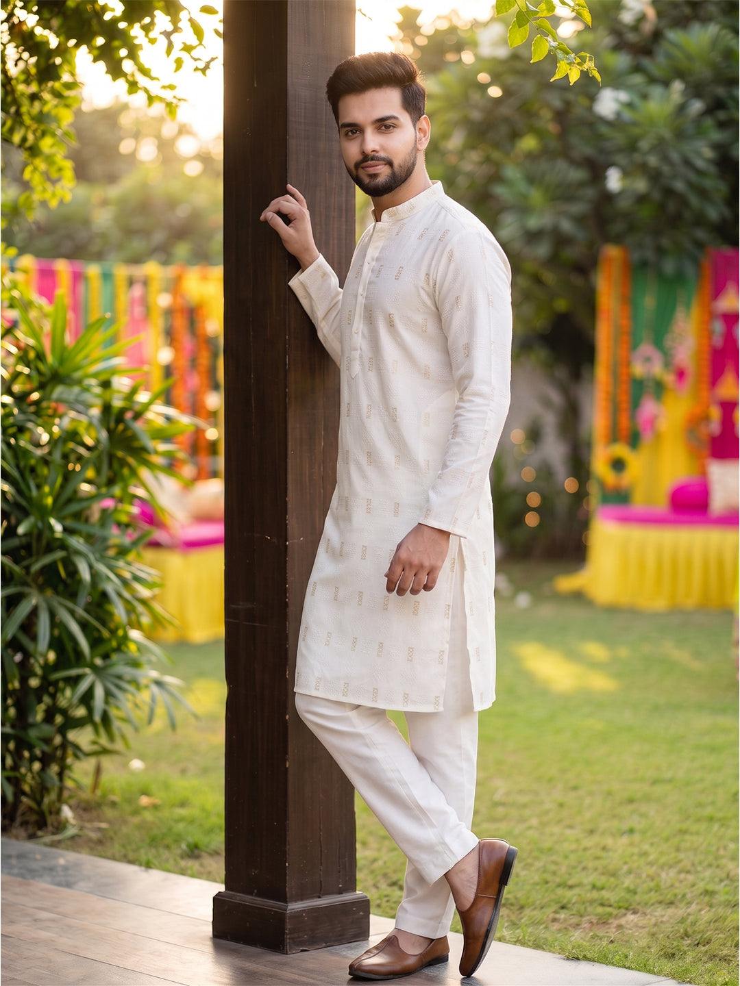 RAY LIGHT Men's Premium Festive Cotton Long Kurta – Ivory Cream with Geometric Motif