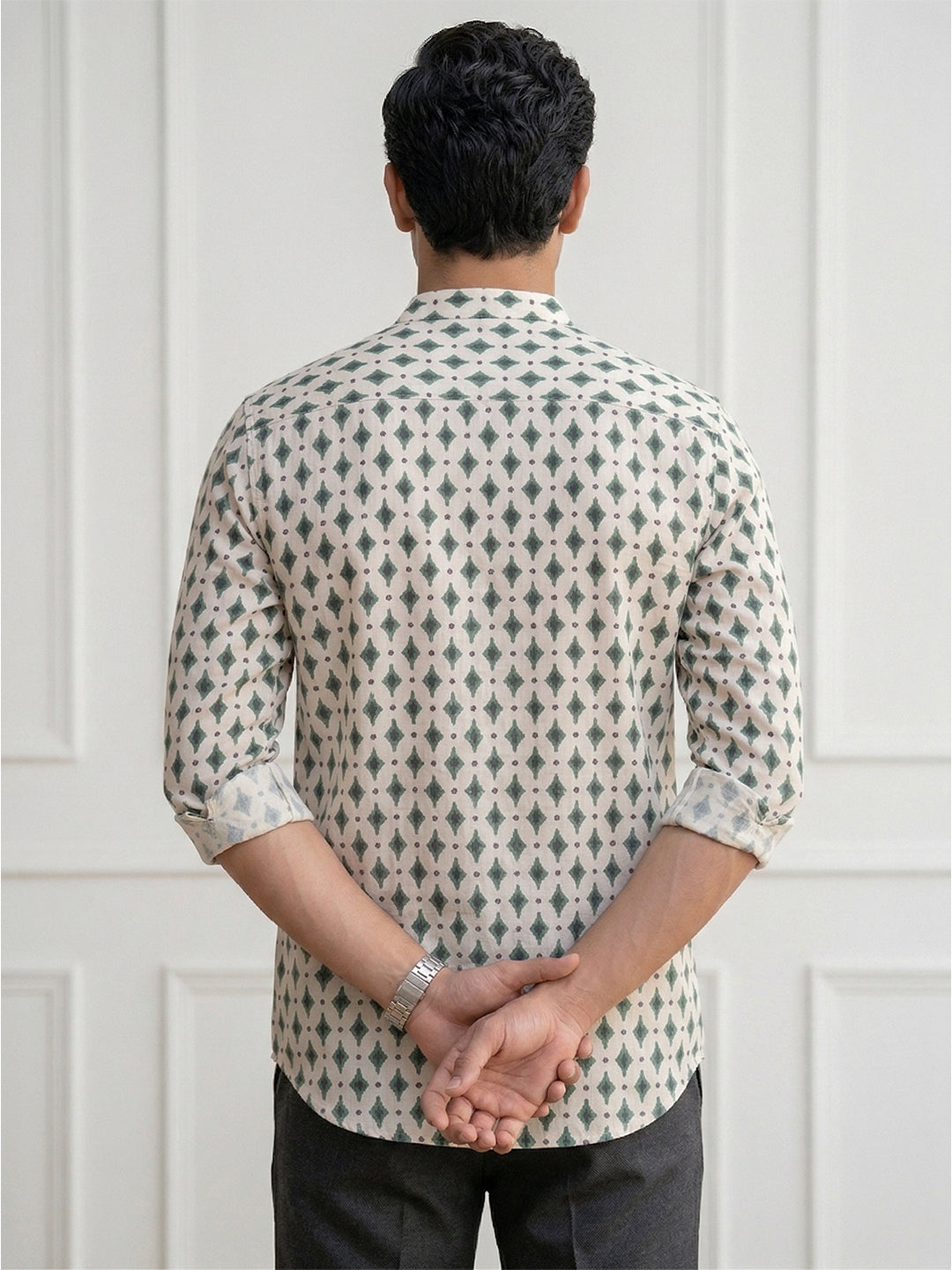 RAY LIGHT Men's Geometric Diamond Print Cotton Short Kurta – Off-White & Forest Green
