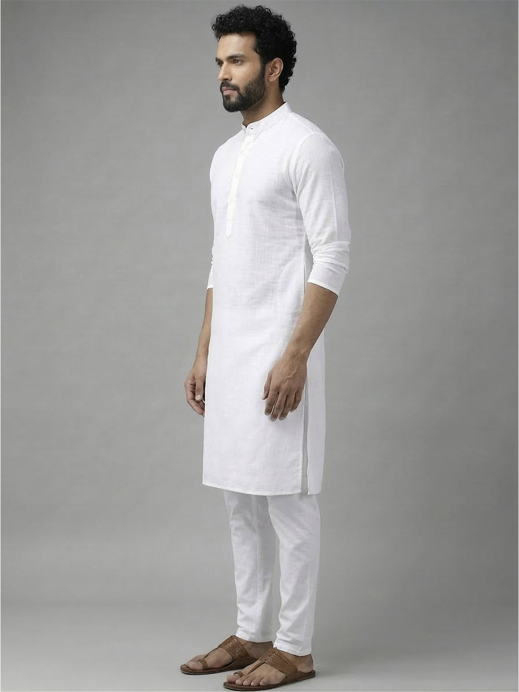 RAY LIGHT Men's 100% Cotton Solid Long Kurta with Mandarin Collar