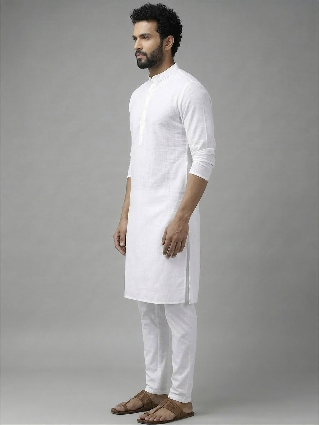 RAY LIGHT Men's 100% Cotton Solid Long Kurta with Mandarin Collar