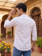 RAY LIGHT Men's Textured Dobby Cotton Short Kurta – Crisp White Horizontal Stripe