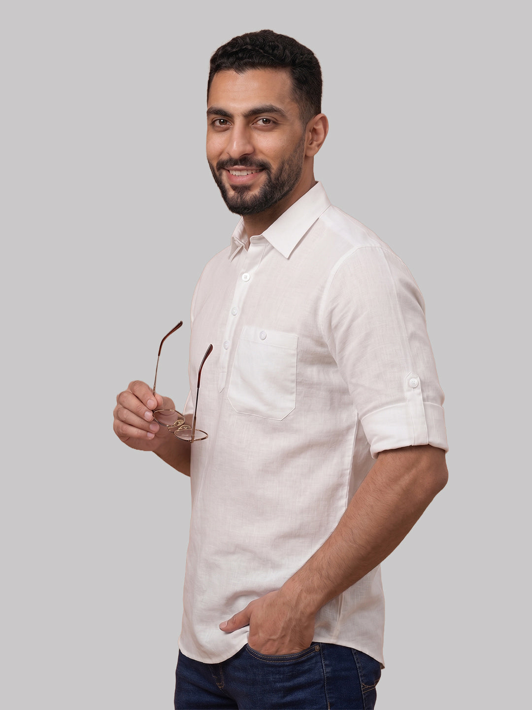 RAY LIGHT Men's Essential Solid Cotton Short Kurta – Sky Blue with Roll-Up Sleeves