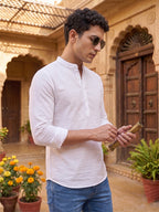 RAY LIGHT Men's Textured Dobby Cotton Short Kurta – Crisp White Horizontal Stripe