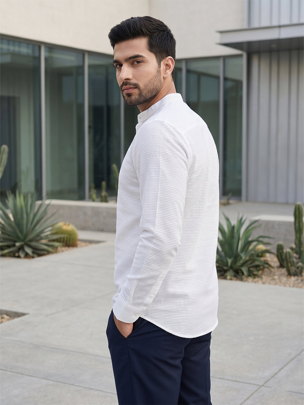 RAY LIGHT Men's Textured Dobby Cotton Short Kurta – Pure White