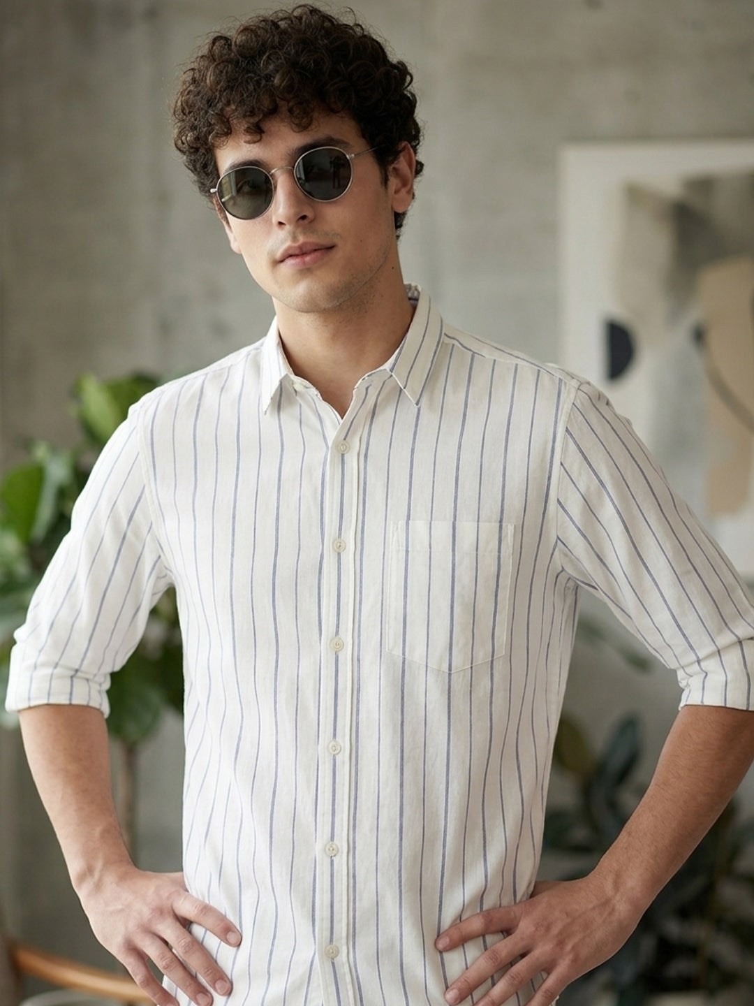 RAY LIGHT Men's Classic Vertical Stripe Cotton Shirt – Crisp White & Blue