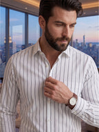 RAY LIGHT Men's Classic Vertical Stripe Cotton Shirt – Crisp White & Charcoal