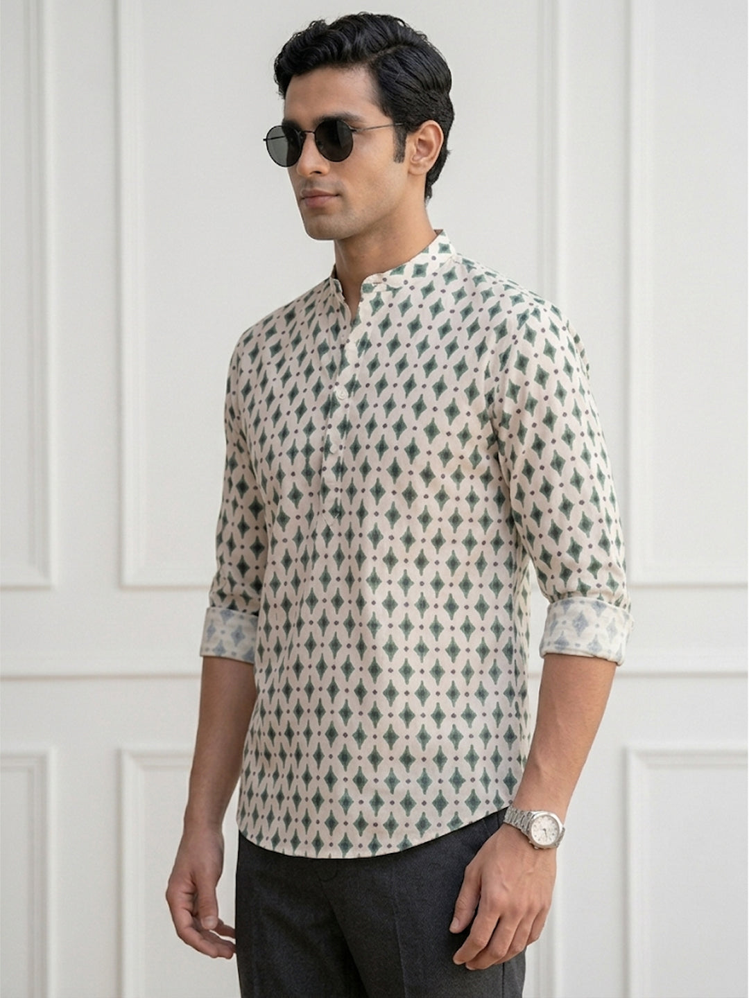 RAY LIGHT Men's Geometric Diamond Print Cotton Short Kurta – Off-White & Forest Green