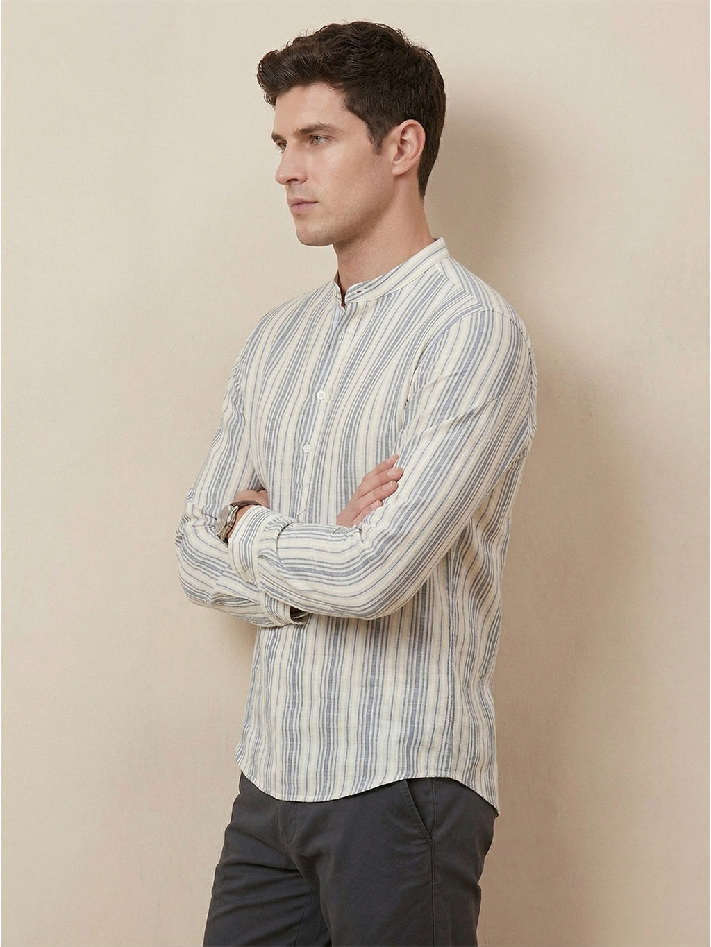 RAY LIGHT Men's Classic Vertical Stripe Cotton Short Kurta – White & Blue