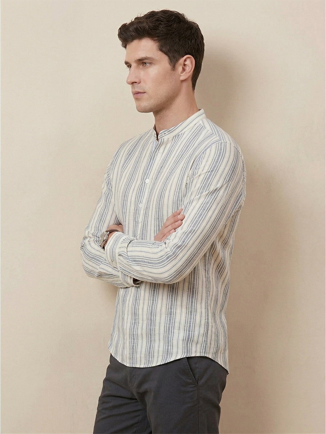 RAY LIGHT Men's Classic Vertical Stripe Cotton Short Kurta – White & Blue