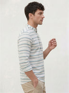 RAY LIGHT Men's Coastal Stripe Cotton Short Kurta – White with Teal & Beige Accents