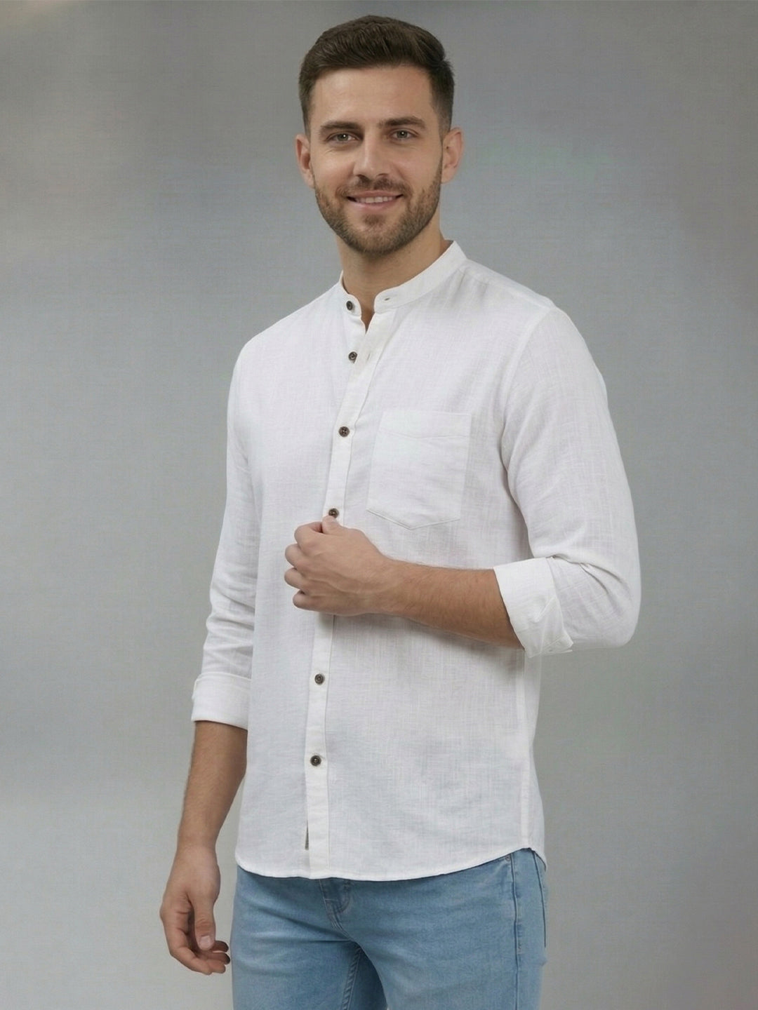 RAY LIGHT Men's Minimalist Solid Casual Shirt – Chinese Collar & Functional Chest Pocket
