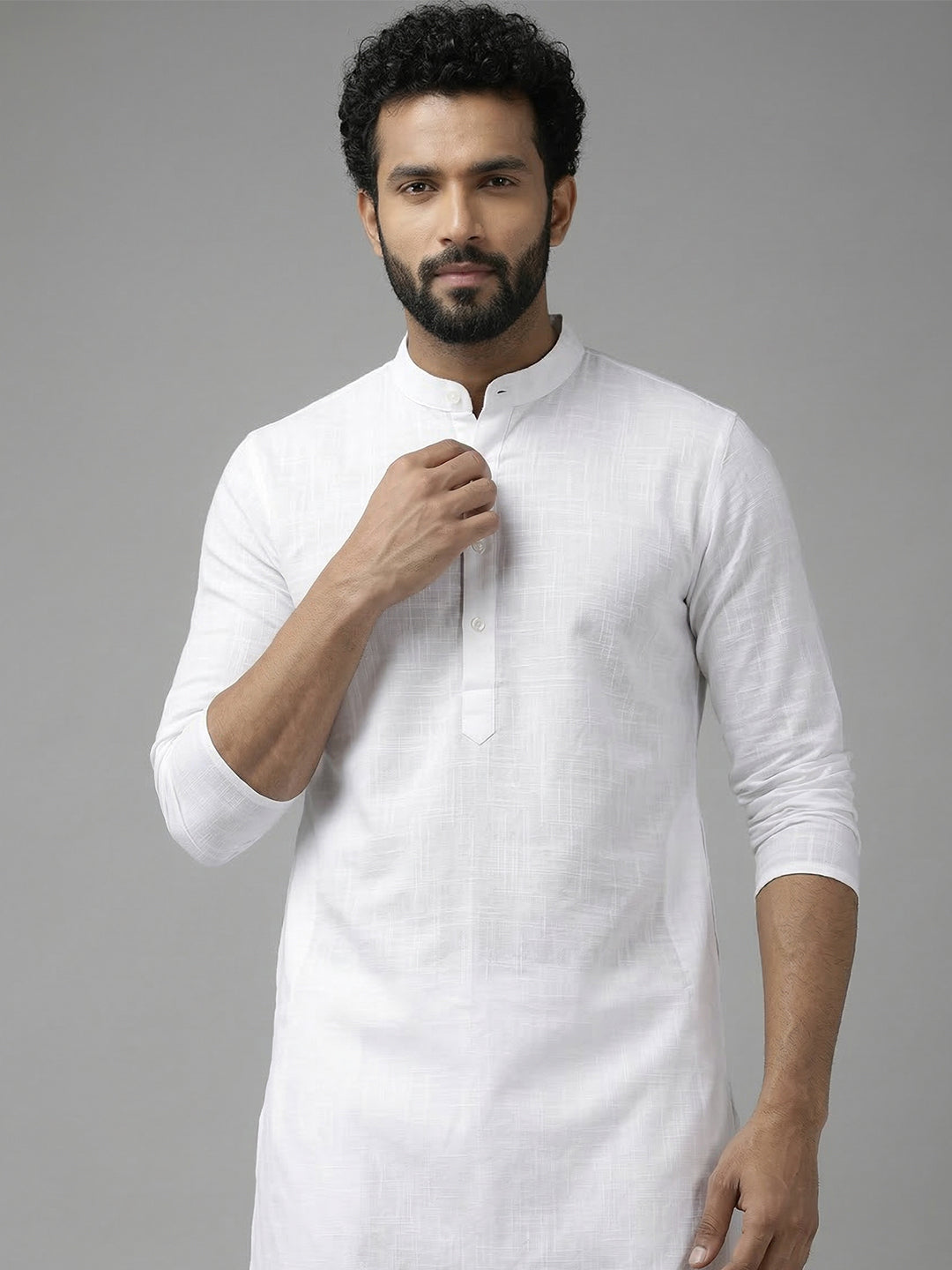 RAY LIGHT Men's 100% Cotton Solid Long Kurta with Mandarin Collar