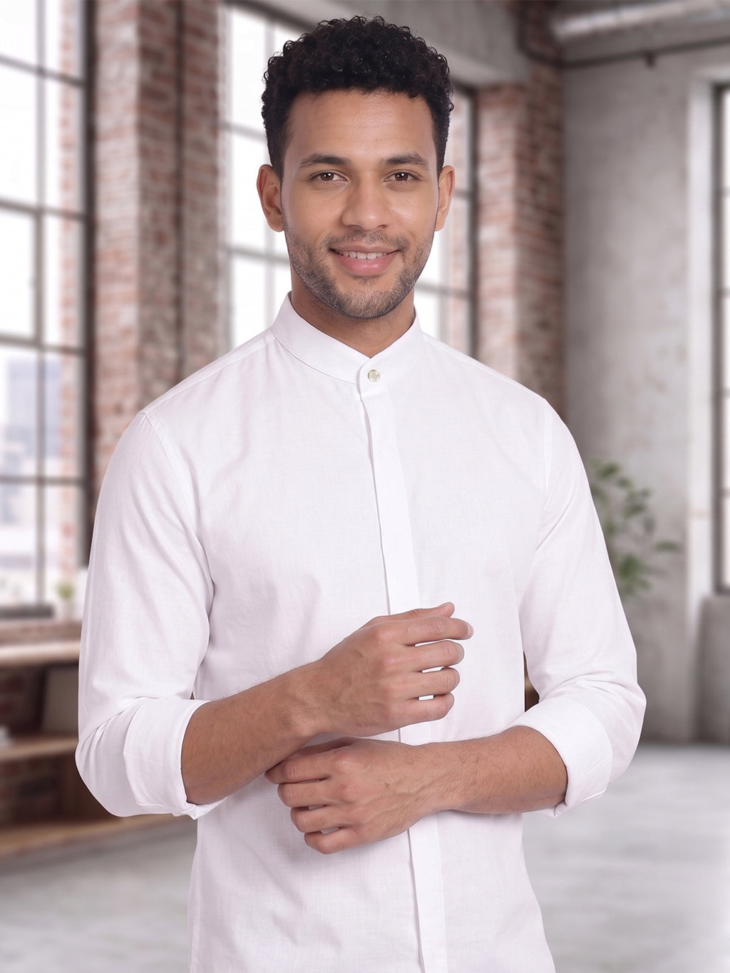 RAY LIGHT Men's Minimalist Solid Cotton Blend Shirt – Light Beige with Hidden Placket