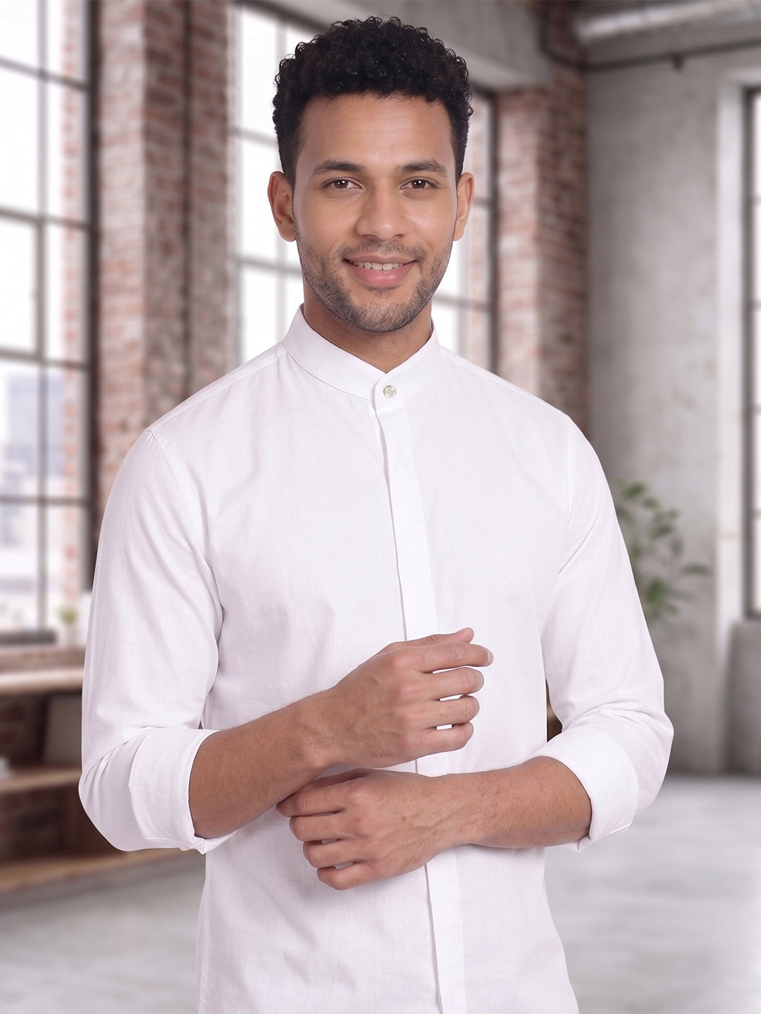 RAY LIGHT Men's Minimalist Solid Cotton Blend Shirt – Light Beige with Hidden Placket